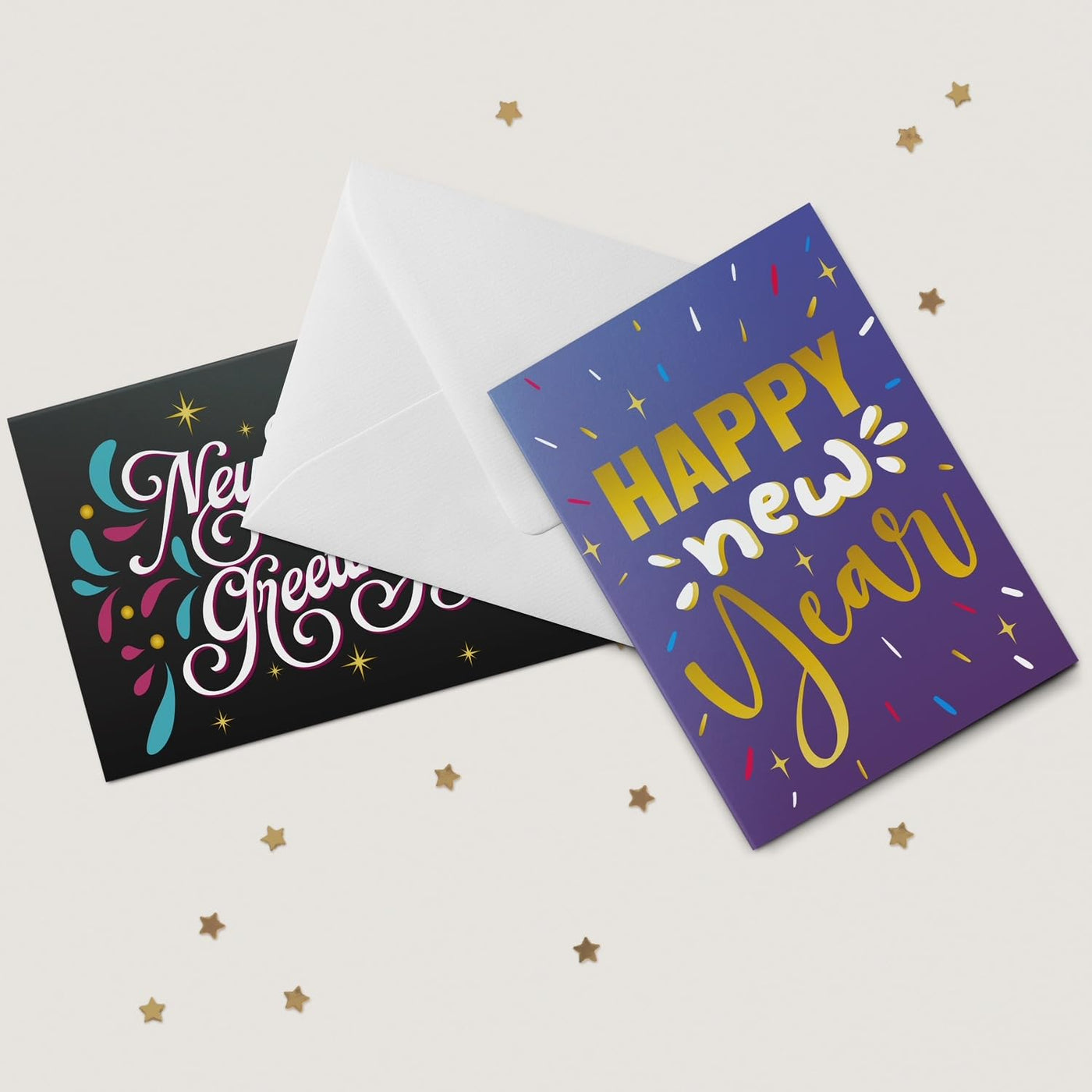 Dessie 40 Unique New Years Cards Boxed with Envelopes & Stickers, 4” x 6” Gold Foil Happy New Year Greeting Cards Assortment Box, Bulk Variety Pack