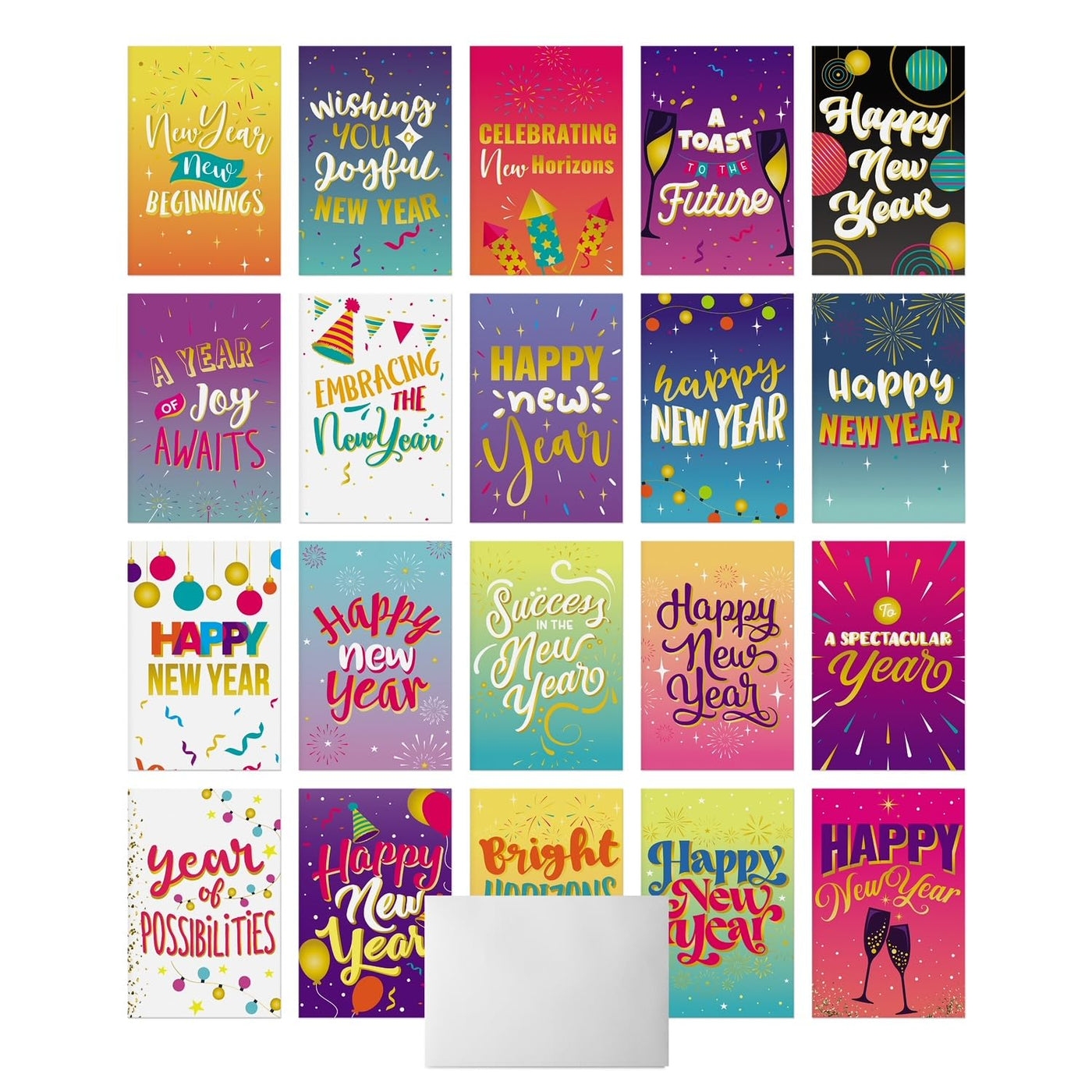 Dessie 40 Unique New Years Cards Boxed with Envelopes & Stickers, 4” x 6” Gold Foil Happy New Year Greeting Cards Assortment Box, Bulk Variety Pack