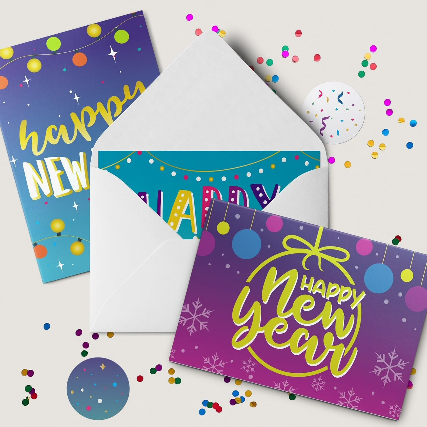 Dessie 40 Unique New Years Cards Boxed with Envelopes & Stickers, 4” x 6” Gold Foil Happy New Year Greeting Cards Assortment Box, Bulk Variety Pack