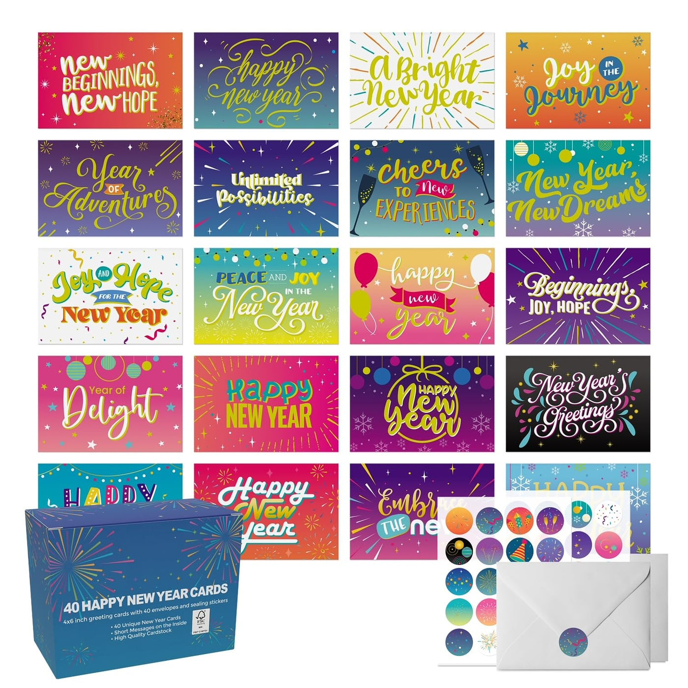 Dessie 40 Unique New Years Cards Boxed with Envelopes & Stickers, 4” x 6” Gold Foil Happy New Year Greeting Cards Assortment Box, Bulk Variety Pack