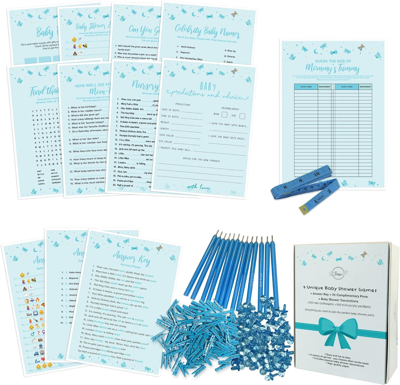 Dessie® 9 Boy Baby Shower Card Games Activity Kit with Blue Party Supplies & Decorations