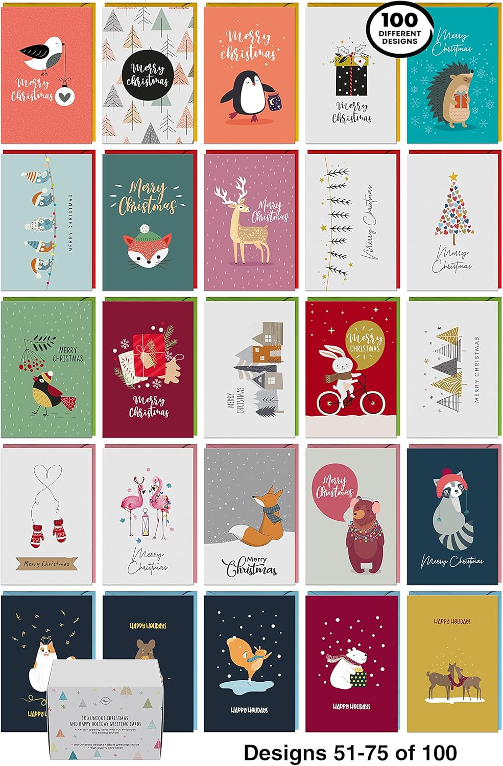 Dessie® 100 Unique Boxed Christmas Cards with Envelopes 4” x 6” Assorted Bulk Variety Pack