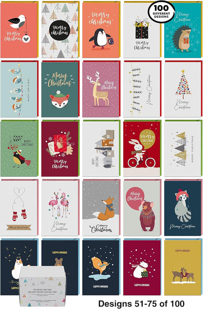 Dessie® 100 Unique Boxed Christmas Cards with Envelopes 4” x 6” Assorted Bulk Variety Pack