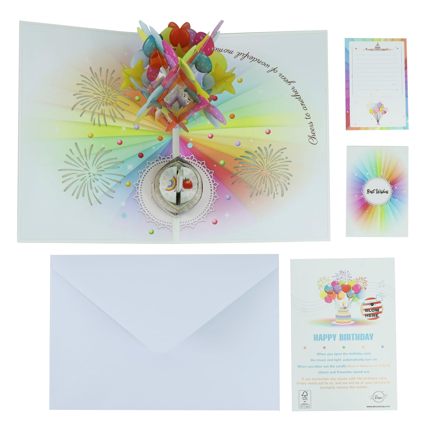 Dessie® Fun Surprise 3D Pop Up Happy Birthday Card with Music, Lights and Envelope 7” x 7”