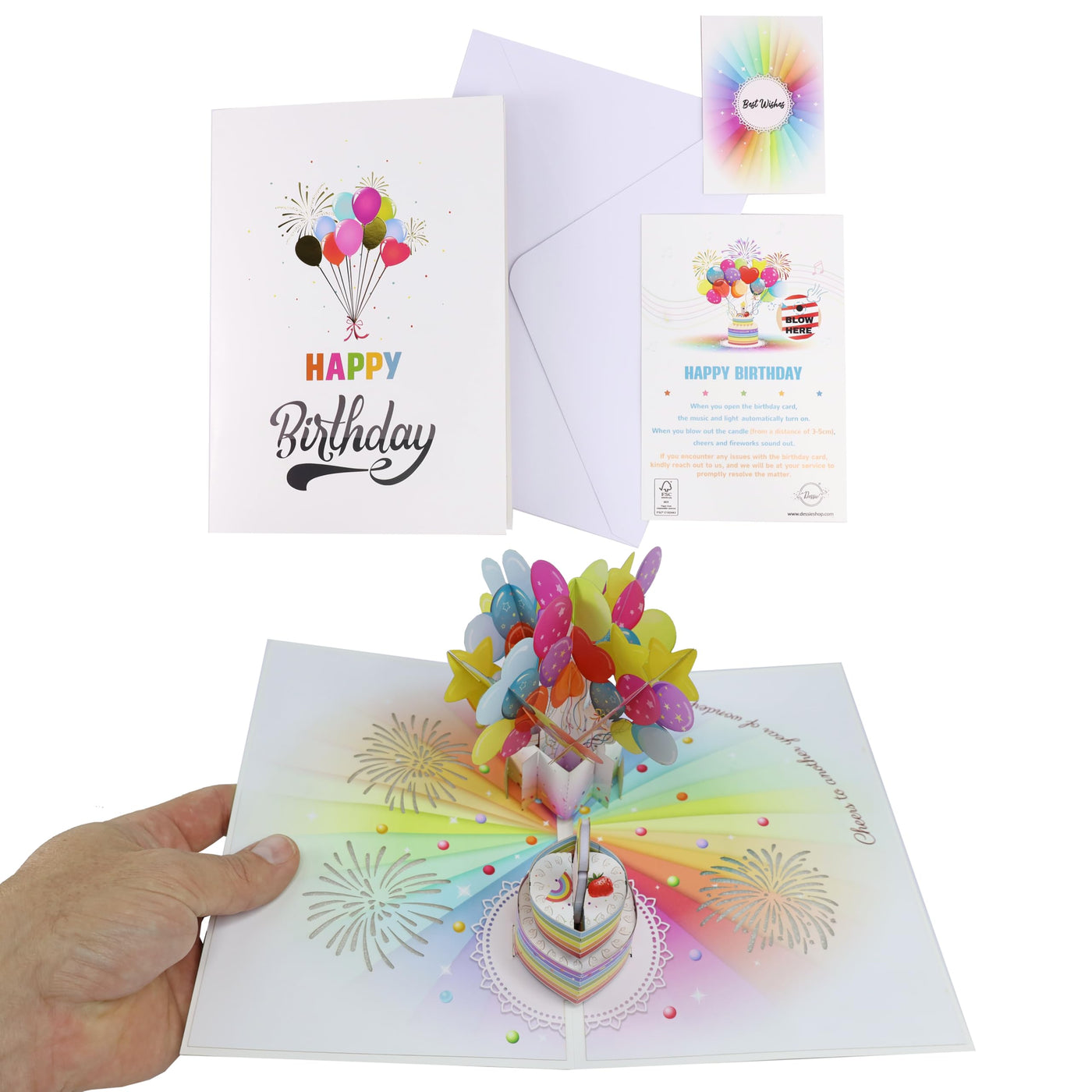 Dessie® Fun Surprise 3D Pop Up Happy Birthday Card with Music, Lights and Envelope 7” x 7”