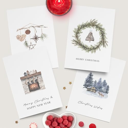 Dessie 40 Rustic Christmas Cards Boxed Set, 4” x 6” Farmhouse Coastal Holiday Cards with Kraft Envelopes & Stickers, Bulk Variety Pack (All Unique)