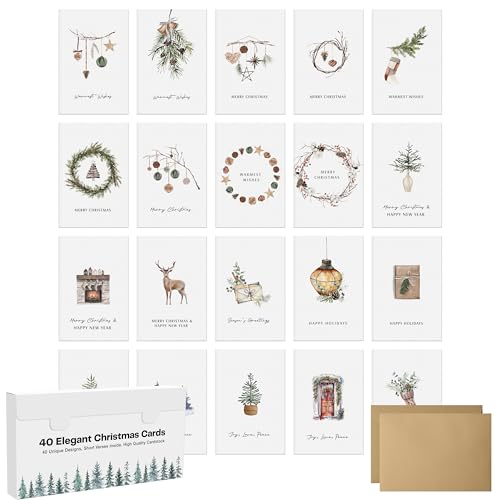 Dessie 40 Rustic Christmas Cards Boxed Set, 4” x 6” Farmhouse Coastal Holiday Cards with Kraft Envelopes & Stickers, Bulk Variety Pack (All Unique)