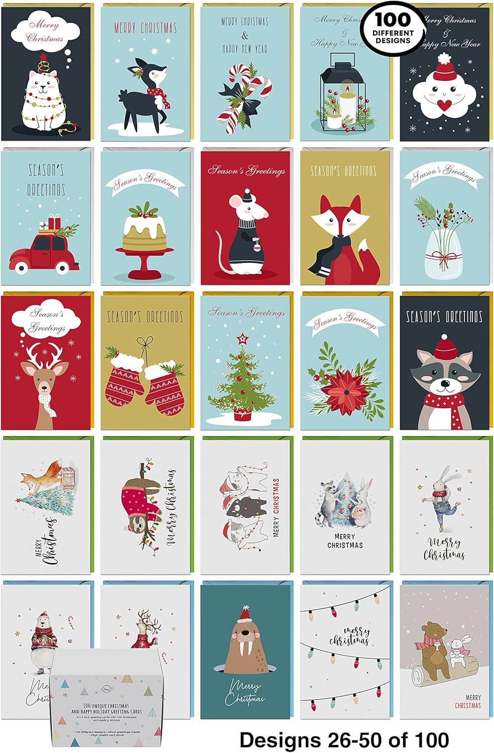 Dessie® 100 Unique Boxed Christmas Cards with Envelopes 4” x 6” Assorted Bulk Variety Pack