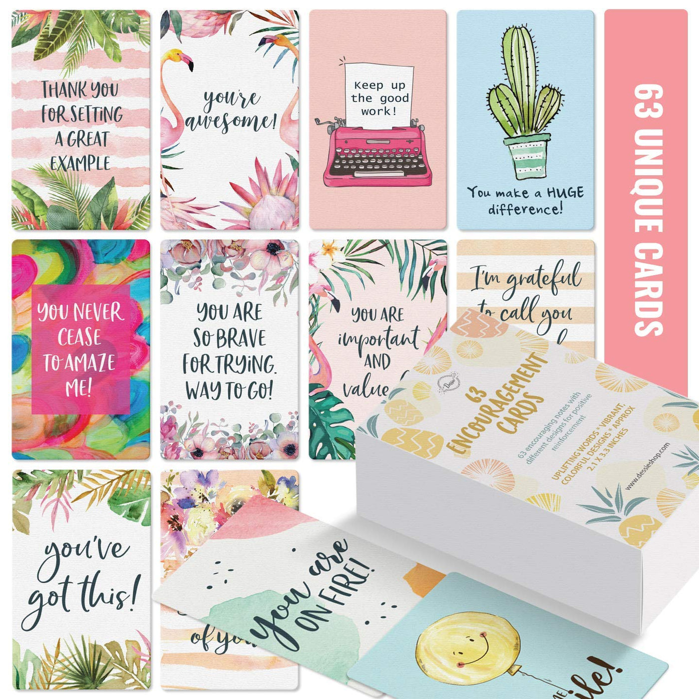 Dessie® 63 Motivational Cards with Unique Designs and Words of Encouragement, 2.1” x3.3”