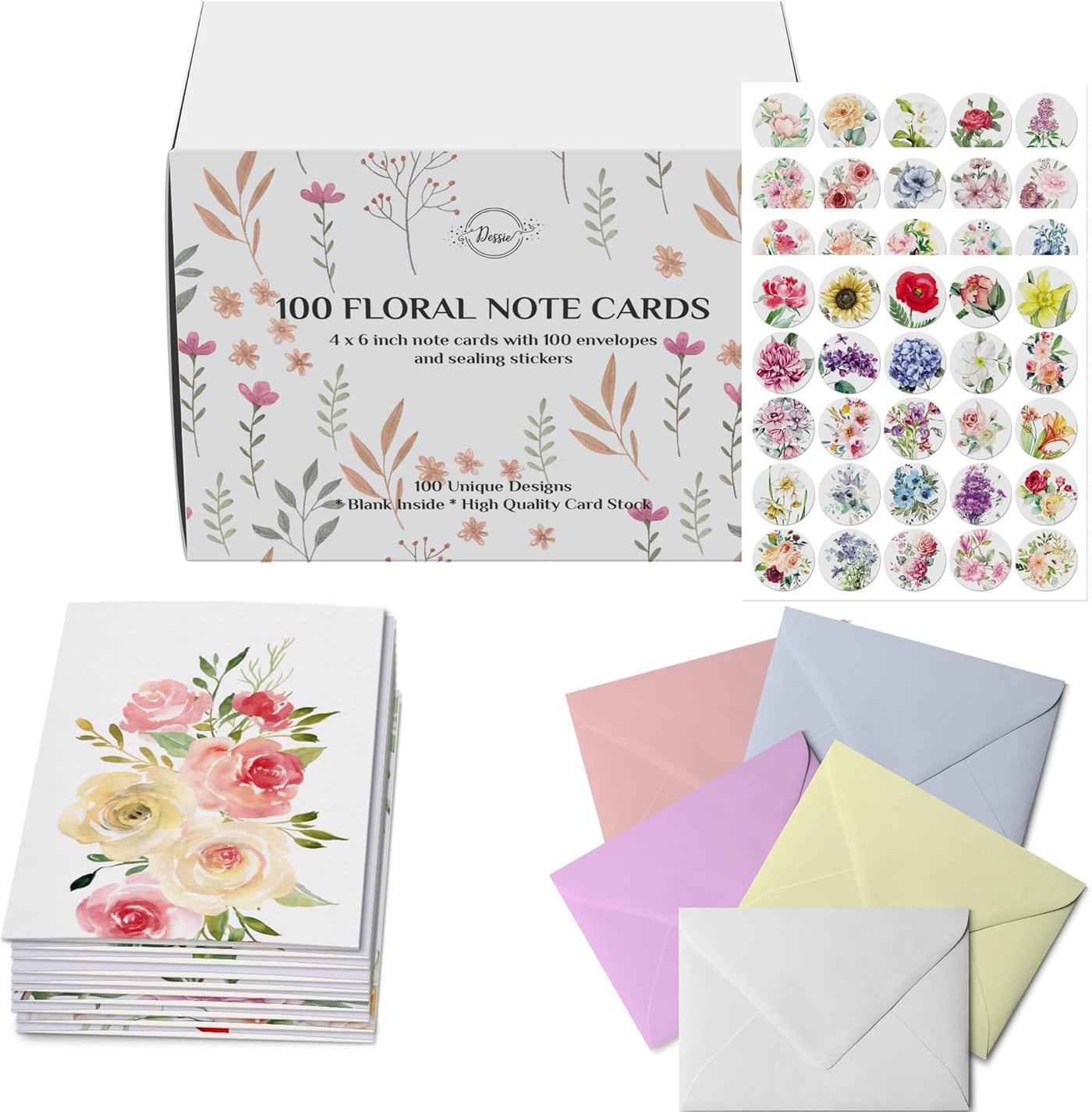 Dessie® 100 Unique Blank Floral Note Cards with Envelopes 4” x 6”