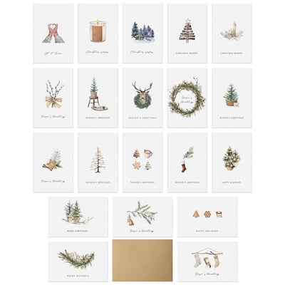 Dessie 40 Rustic Christmas Cards Boxed Set, 4” x 6” Farmhouse Coastal Holiday Cards with Kraft Envelopes & Stickers, Bulk Variety Pack (All Unique)