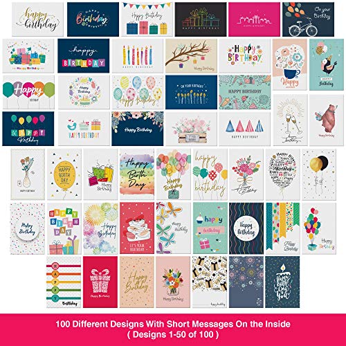 Dessie® 100 Happy Birthday Greeting Cards with Unique Designs and Birthday Wishes, 5” x 7”