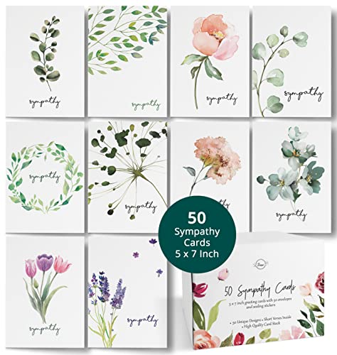 Dessie® 50 Sympathy Cards with Unique Designs and Condolence Messages Inside, 5” x 7”