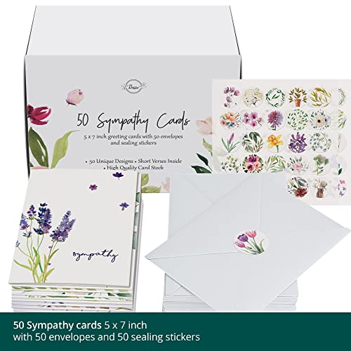 Dessie® 50 Sympathy Cards with Unique Designs and Condolence Messages Inside, 5” x 7”