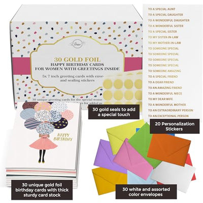 Dessie® 30 Unique 5” x7” Message Inside Gold Foil Birthday Cards for Women with Envelopes