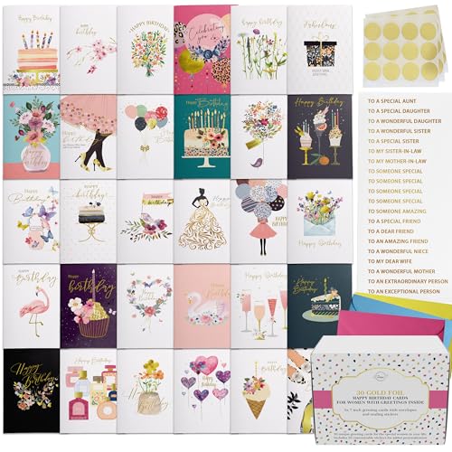 Dessie® 30 Unique 5” x7” Message Inside Gold Foil Birthday Cards for Women with Envelopes