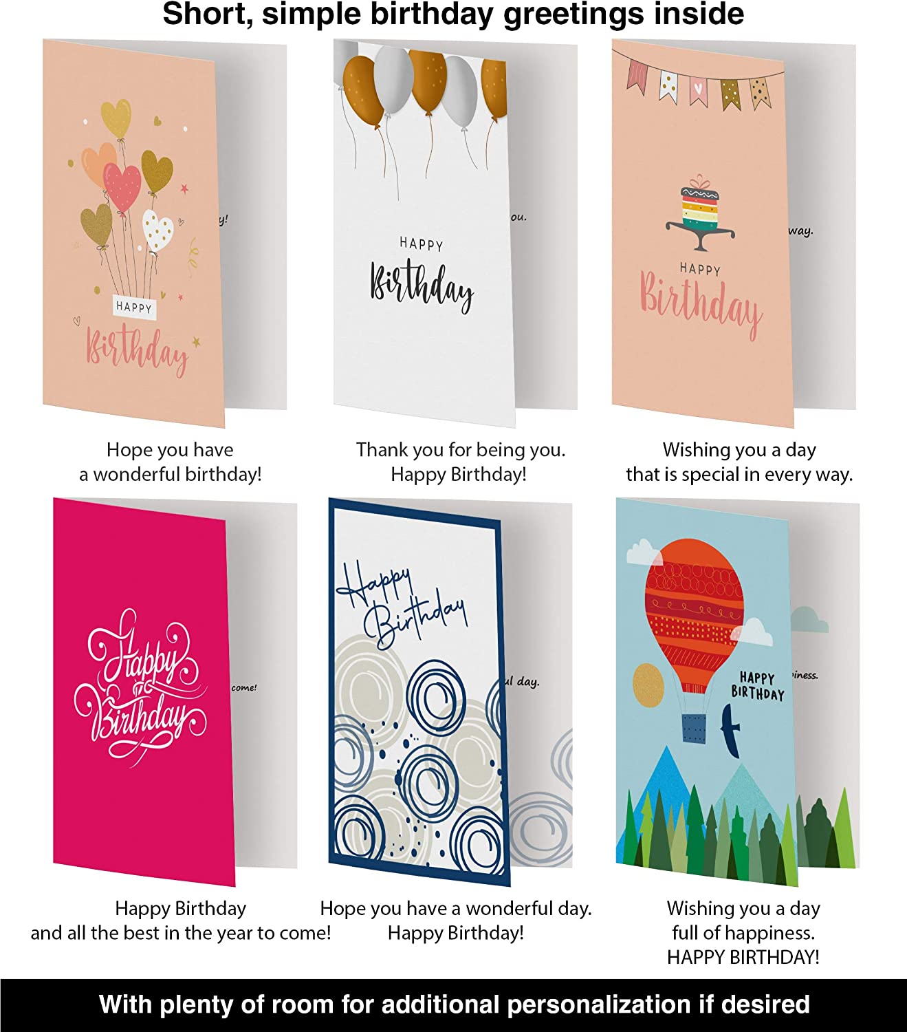 Dessie® 60 Happy Birthday Greeting Cards with Unique Designs and Birthday Wishes, 5”x 7”