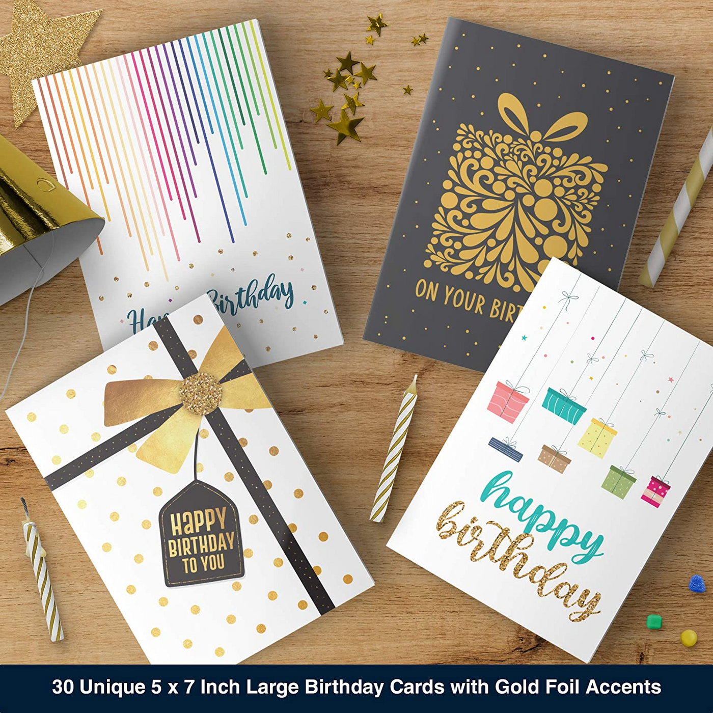 Dessie® 30 Happy Birthday Greeting Cards with Unique Designs and Birthday Wishes, 5”x 7”