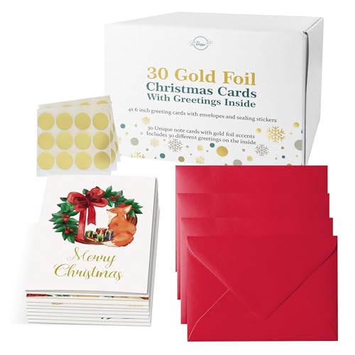 Dessie 30 Unique Gold Foil Christmas Cards with Red Envelopes, Gold Sealing Stickers. Short Greetings Inside.