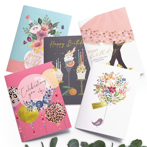 Dessie® 30 Unique 5” x7” Message Inside Gold Foil Birthday Cards for Women with Envelopes