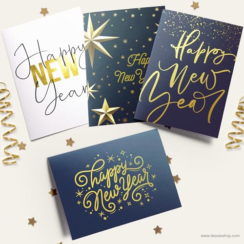 Dessie 30 Unique Gold Foil Happy New Year Cards with Envelopes